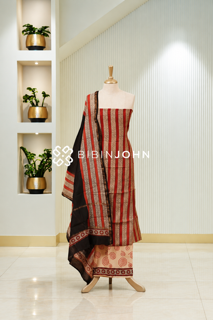 Printed Chanderi Unstitched Salwar Suit Material Rust Red With Beige BJ1952