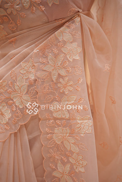 Organza Embroidery Saree Peach-Blush BJ1019