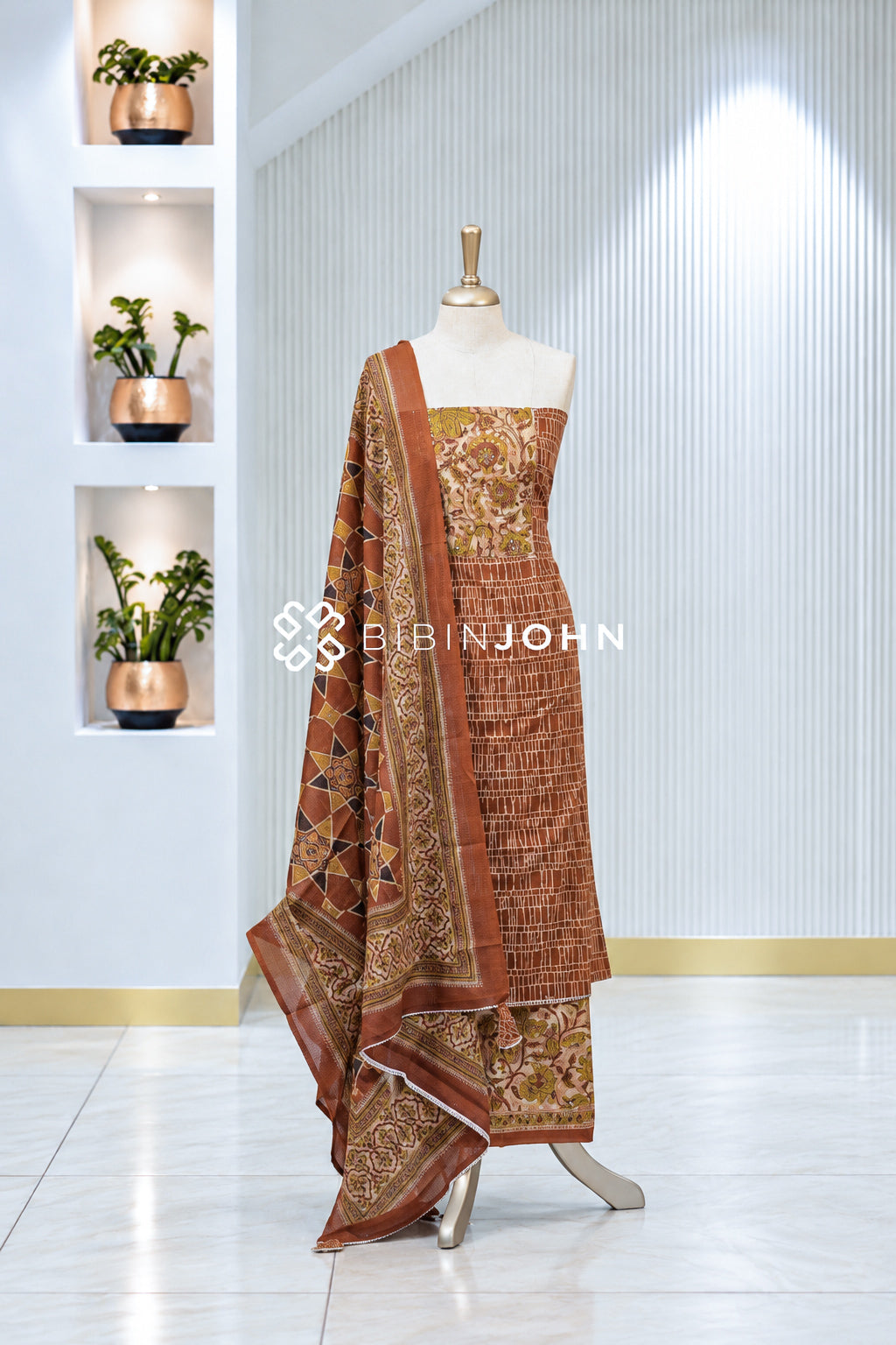 Cotton Embroidery Unstitched Salwar Suit Material Terracotta Brown BJ2032