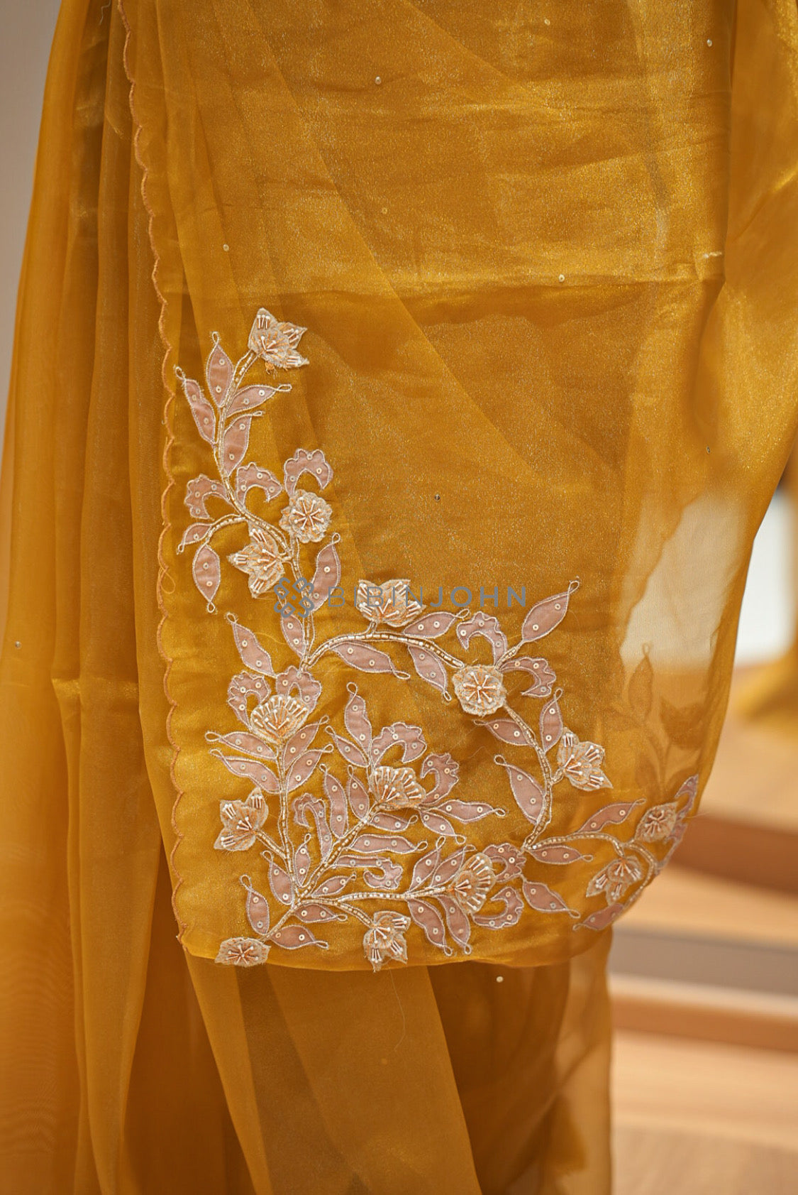 Tissue Organza Embroidery Saree For Women Mustard Gold pallu