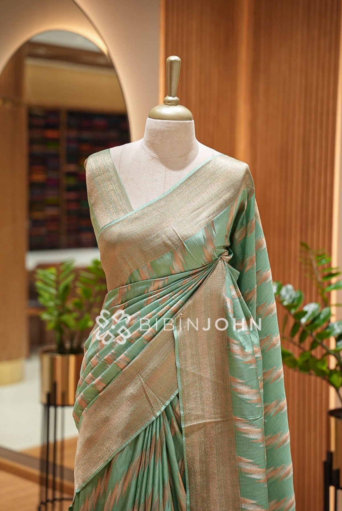 Silk Brocade Saree Mint Green & Gold BJ1032