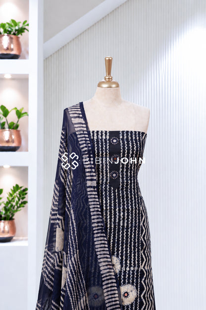 Printed Cotton Unstitched Salwar Suit Material Navy Blue With White BJ2008