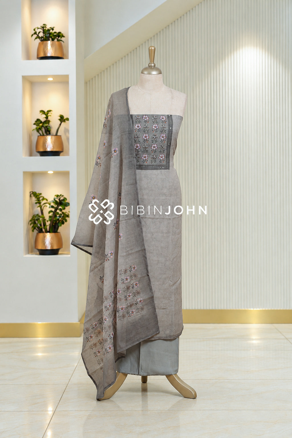 Chanderi Embroidery Unstitched Salwar Suit Material Ash Grey BJ1835