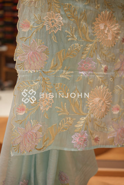 Tissue Organza Embroidery Saree Seafoam Green/Pastel Blue BJ0937
