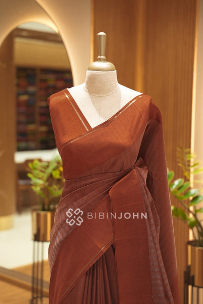 Semi Tussar Weaving Saree For Women Rust Brown BJ2645