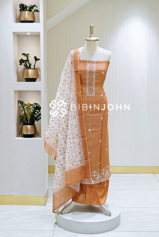 Linen Art Embroidery Unstitched Salwar Suit Material Rust Orange BJ1581