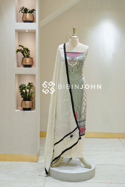 Muslin Embroidery Unstitched Salwar Suit Material Ivory Cream with Sage Green BJ2742