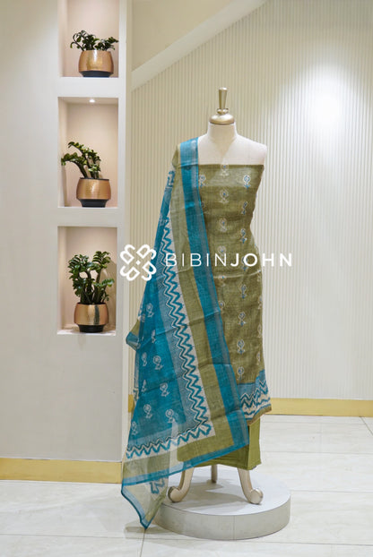Chanderi Embroidery Unstitched Salwar Suit Material Olive Green with Turquoise Blue BJ2733