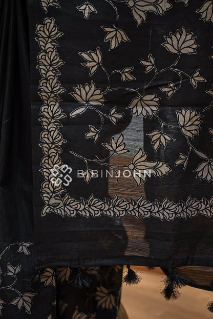 Silk Embroidery Saree Black BJ1034
