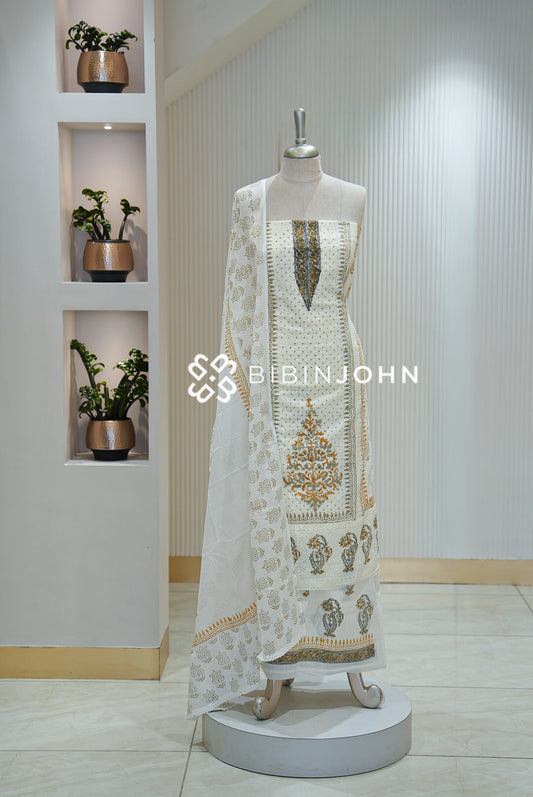 Cotton Hakoba Unstitched Salwar Suit Material Ivory White BJ2285