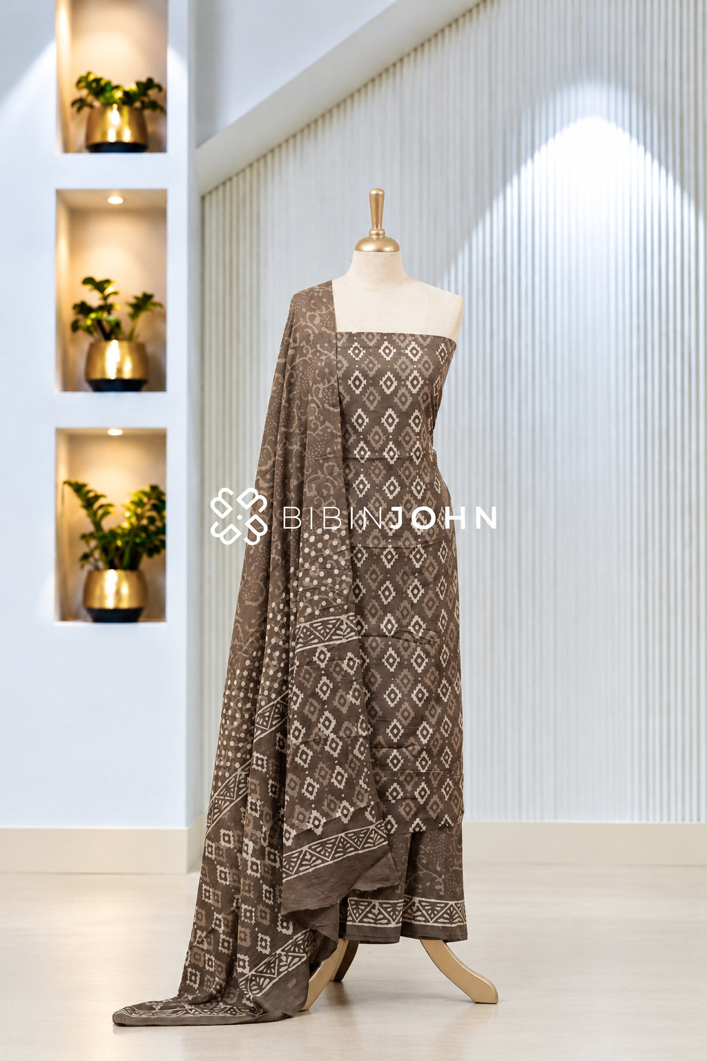 Printed Cotton Unstitched Salwar Suit Material Mocha Brown With Beige BJ1977
