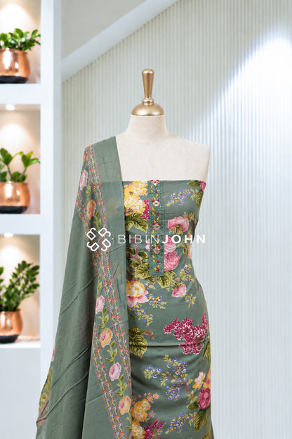 Printed Cotton Unstitched Salwar Suit Material  Sage Green BJ2017
