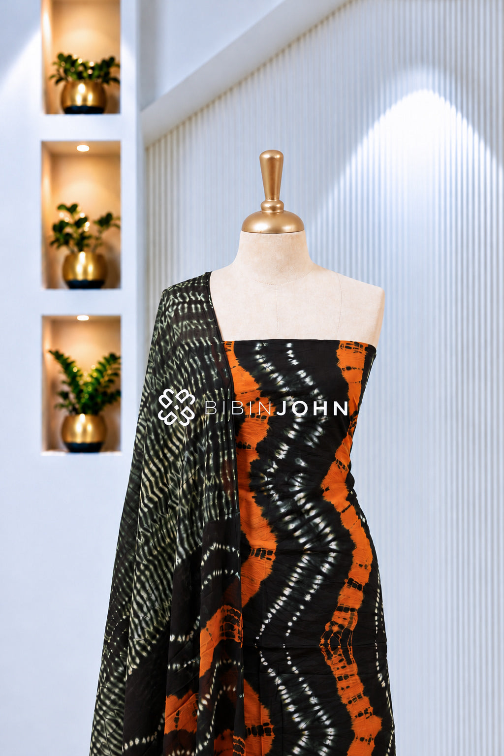 Printed Cotton Unstitched Salwar Suit Material Black With Orange BJ1986