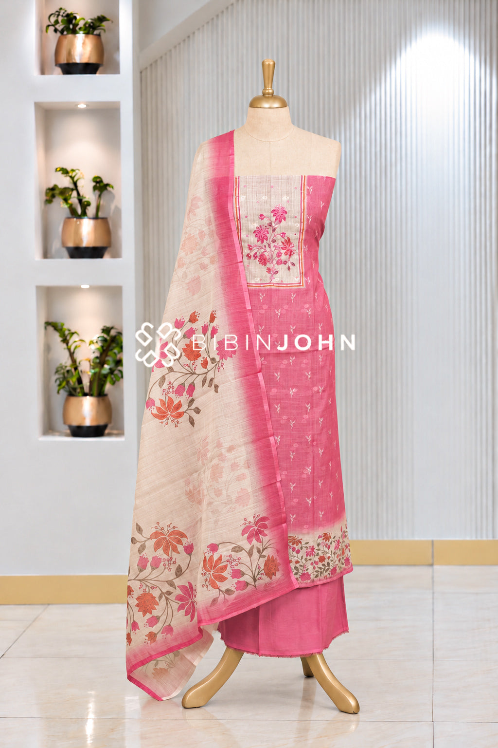 Chanderi Embroidery Unstitched Salwar Suit Material Rose Pink BJ2077