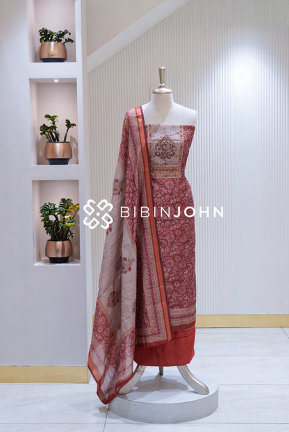 Printed Silk Embroidery Unstitched Salwar Suit Material Dusty Coral Red BJ1707