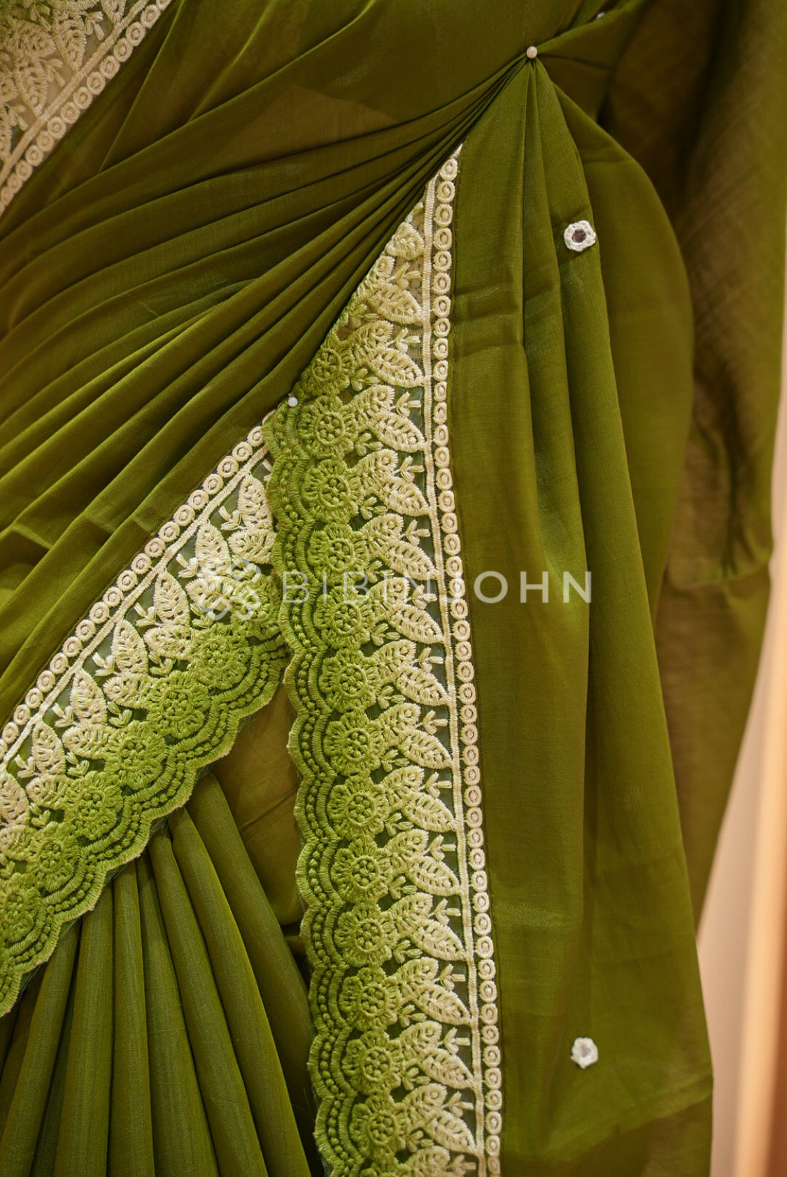 Chanderi Lace Border Saree For Women Olive Green BJ0840