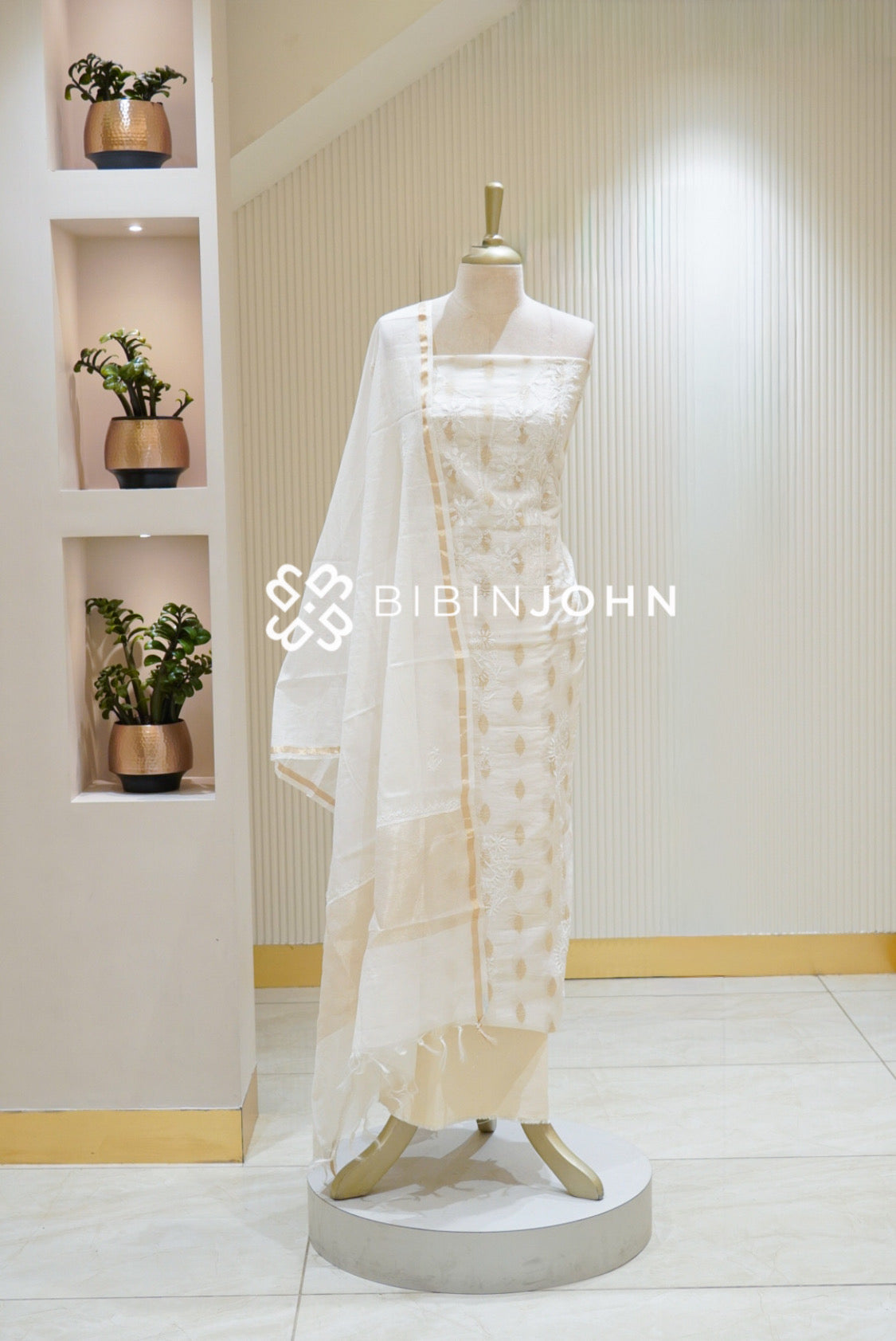 Chanderi Chikankari Unstitched Salwar Suit Material Ivory White BJ2808