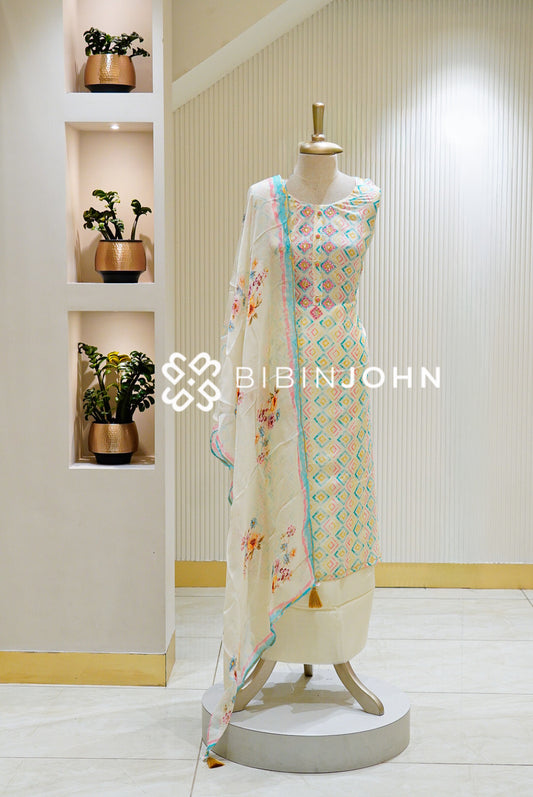 Semi stitched Muslin Embroidery Salwar Suit Material Ivory White BJ1555
