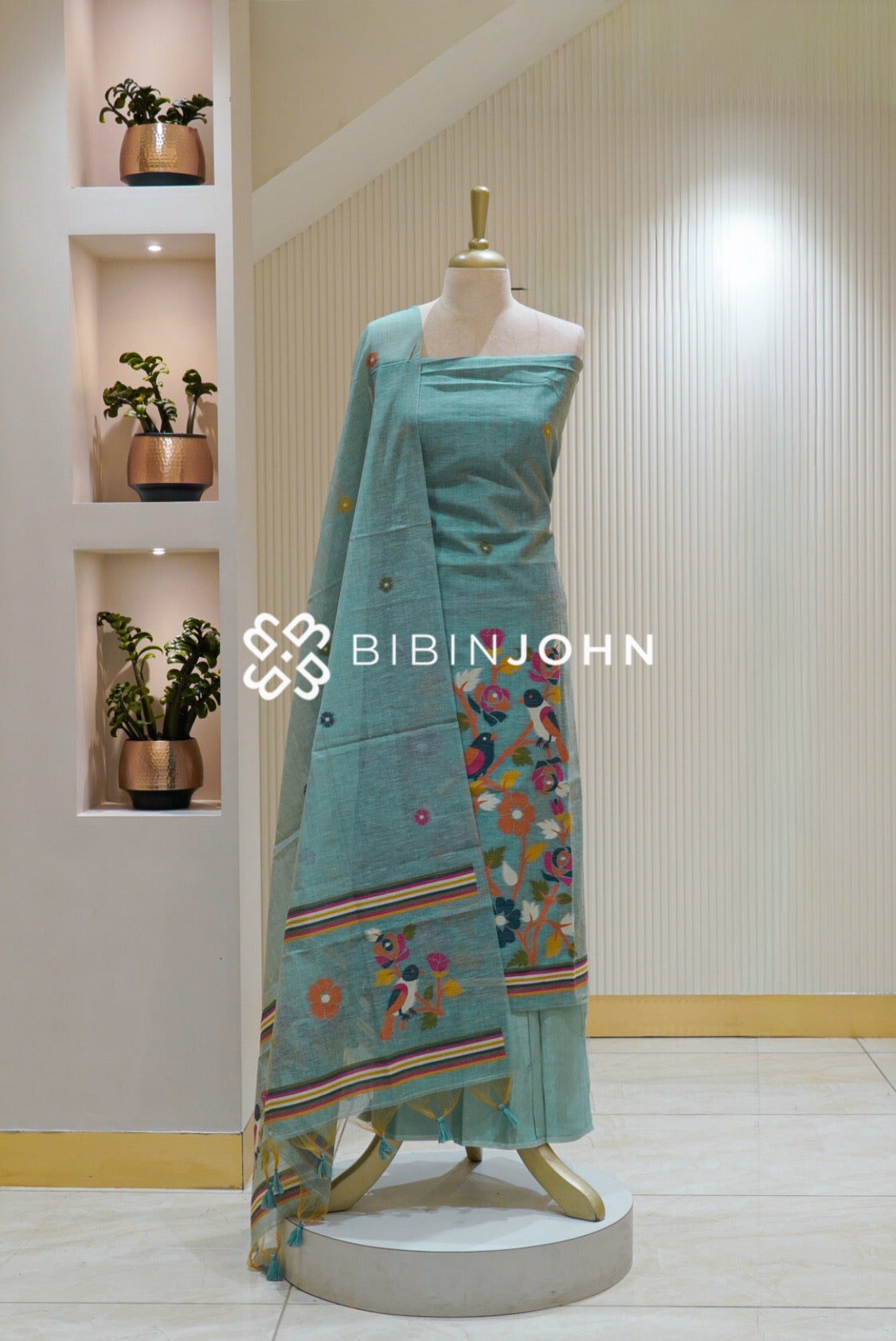 Chanderi Embroidery Weaving Unstitched Salwar Suit Material Pastel Turquoise Blue BJ2610