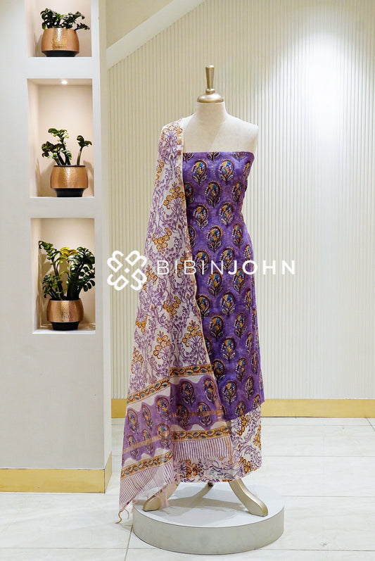 Chanderi Handblock Unstitched Salwar Suit Material  Lavender Purple BJ1604