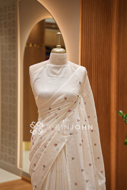 Linen Embroidery Saree Ivory-White BJ0945