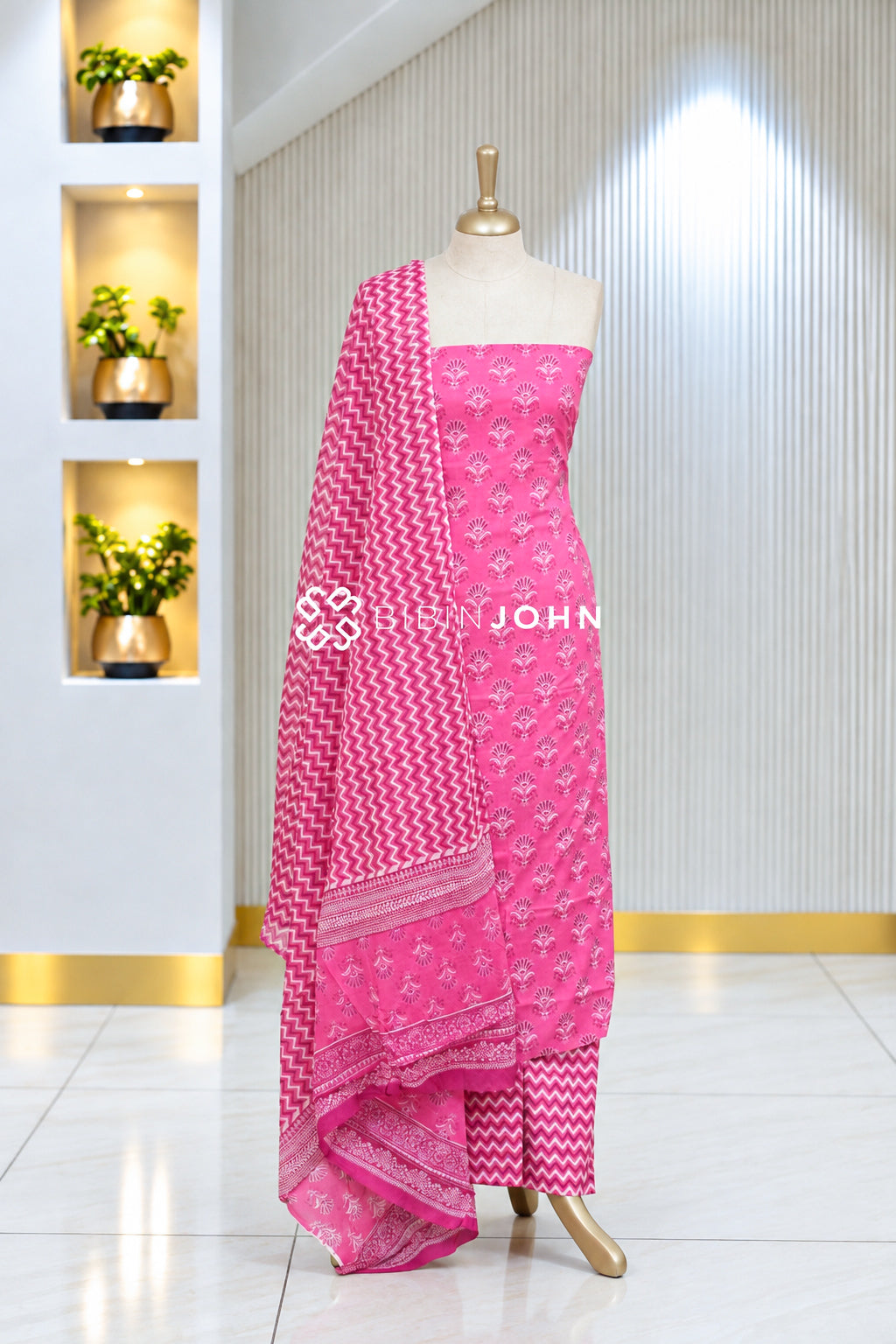 Printed Cotton Unstitched Salwar Suit Material Bright Rani Pink BJ2071