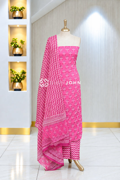 Printed Cotton Unstitched Salwar Suit Material Bright Rani Pink BJ2071