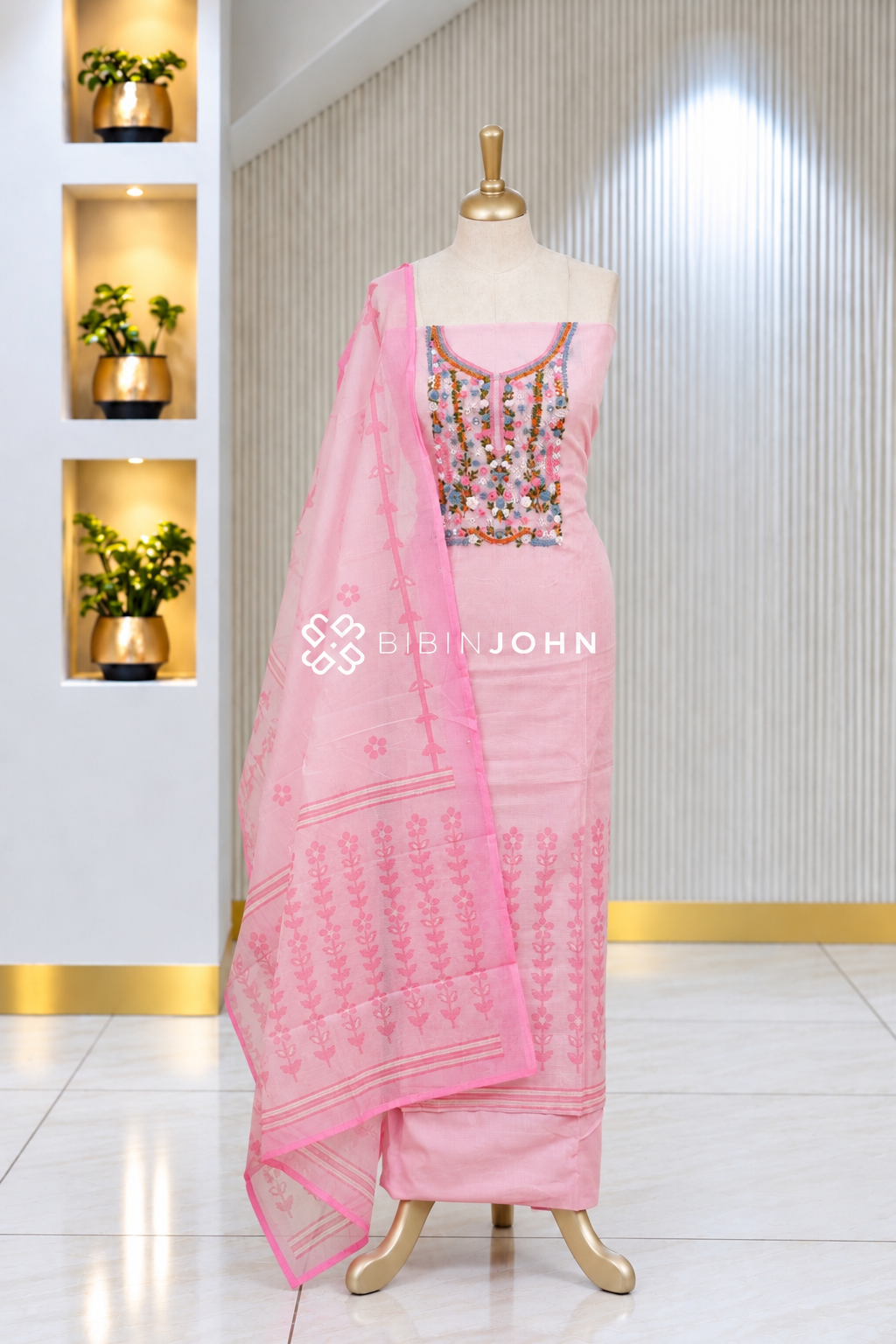 Cotta Embroidery Unstitched Salwar Suit Material Baby Pink BJ2070