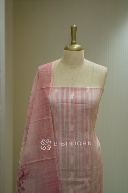 Printed Art Linen Unstitched Salwar Suit Material Pastel Pink BJ2378