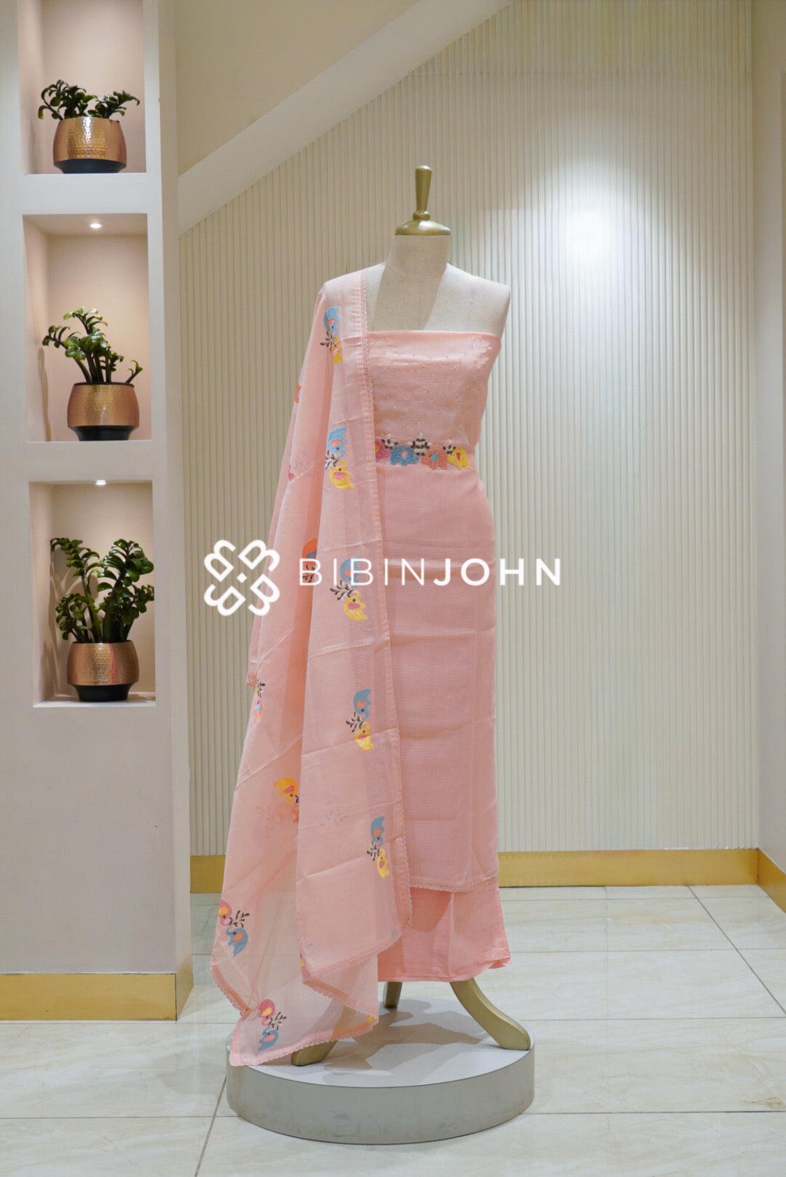 Cotta Embroidery Unstitched Salwar Suit Material Pastel Peach Pink BJ2247