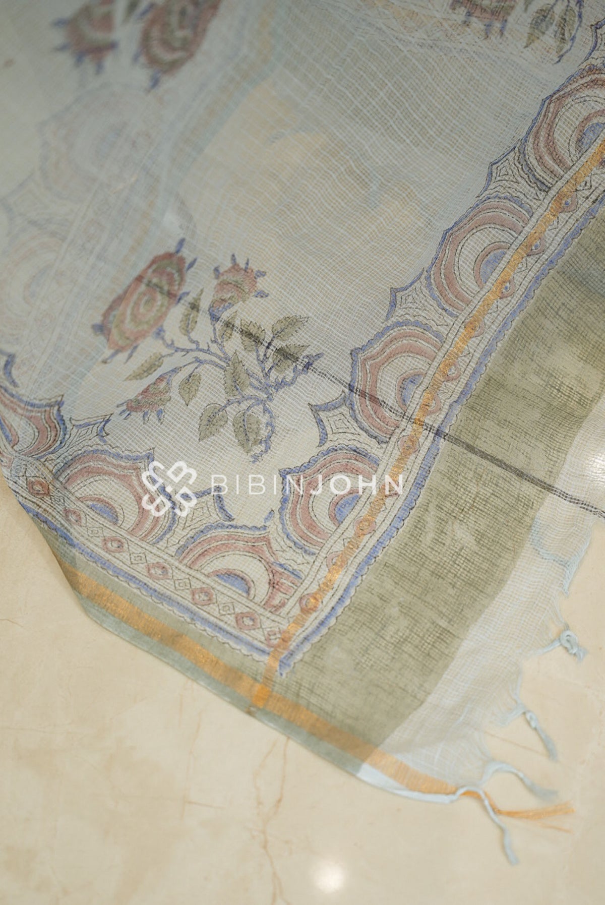 Cotton Cotta Dupatta For Women Ivory White With Powder Blue BJ2397