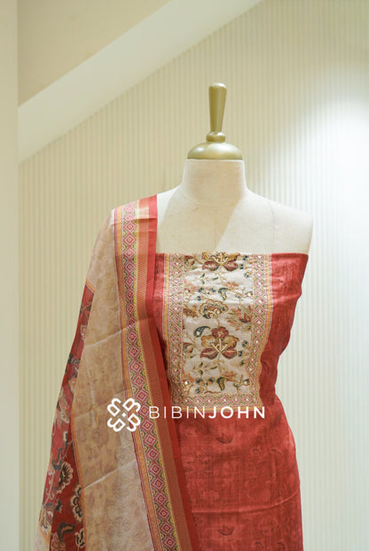 Semi Silk Embroidery Unstitched Salwar Suit Material Rust Red with Beige BJ2474
