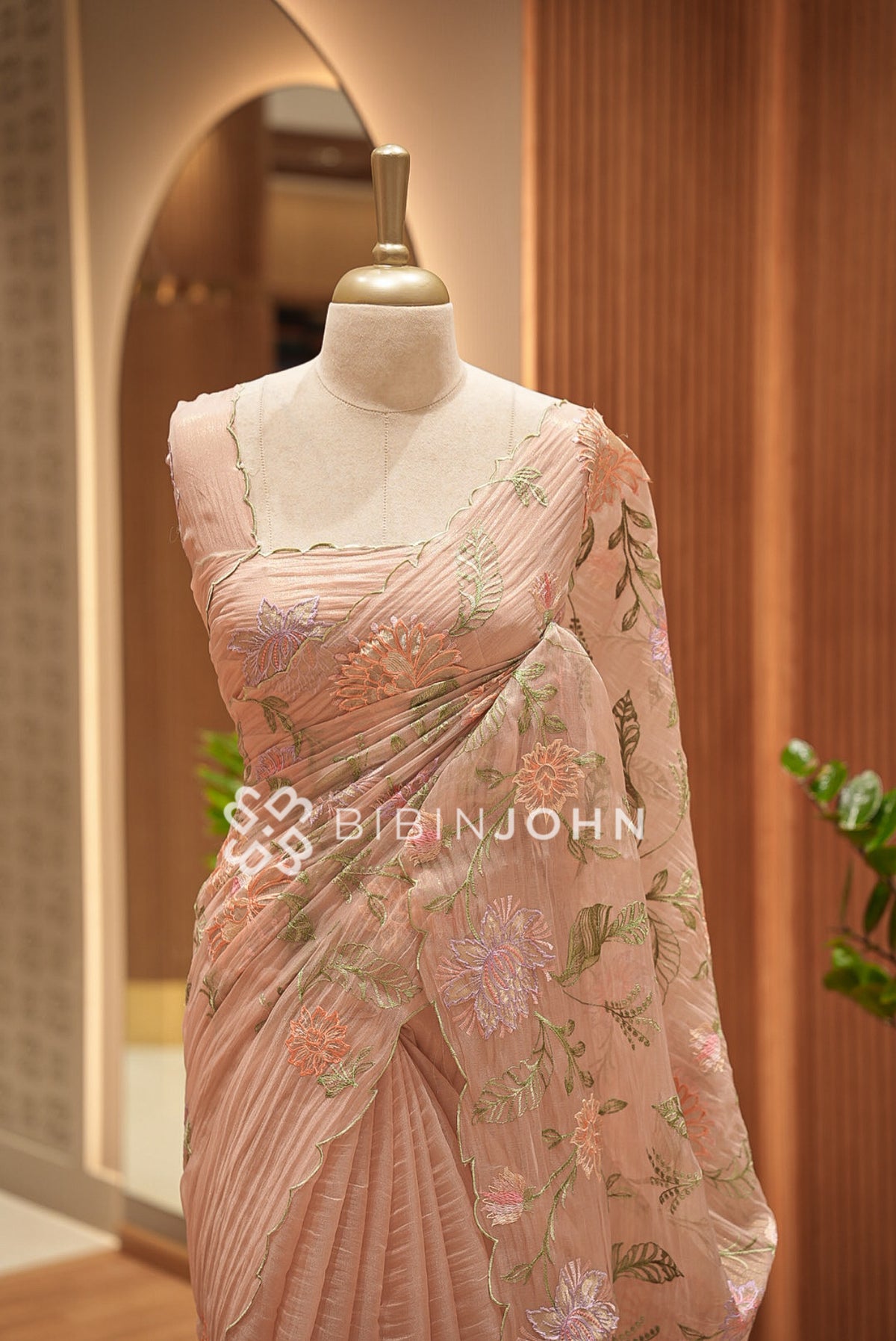 Tissue Organza Embroidery Saree Blush Peach BJ0940
