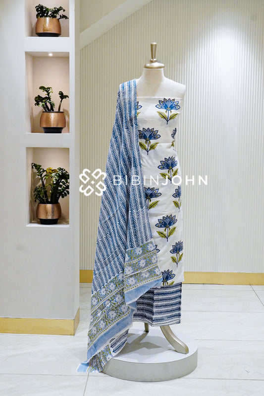 Printed Cotton Unstitched Salwar Suit Materials White BJ1633