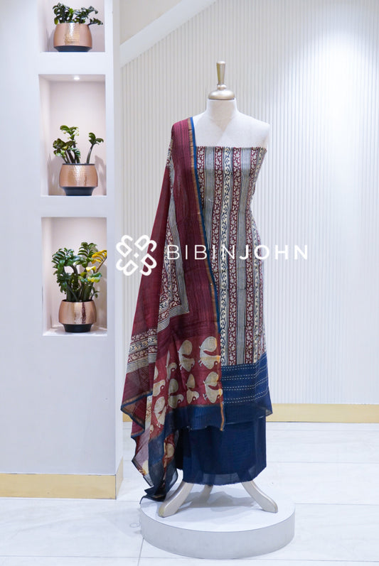 Printed Chanderi Unstitched Salwar Suit Material Deep Maroon BJ1694