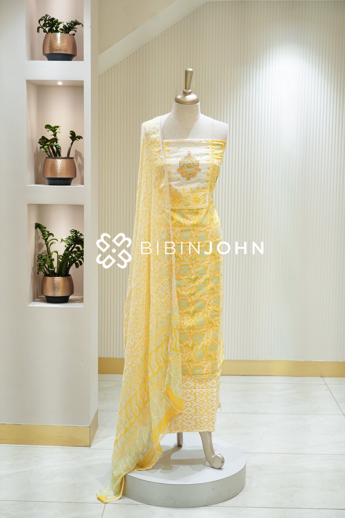 Cotton Embroidery Unstitched Salwar Suit Material Yellow BJ2241