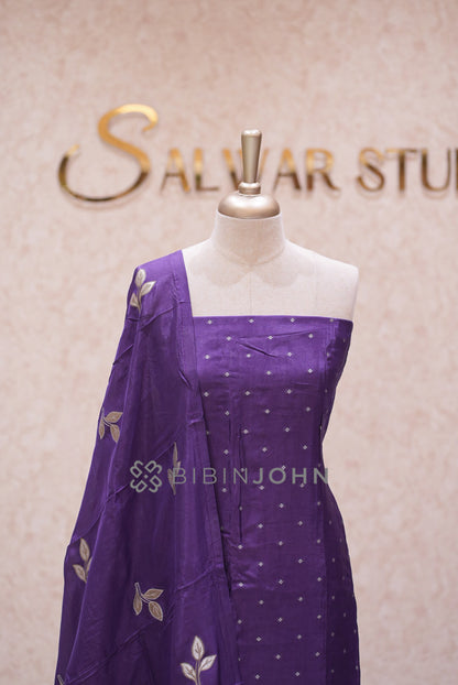 Silk Embroidery Unstitched Salwar Suit Material Royal Purple CLOSE VIEW