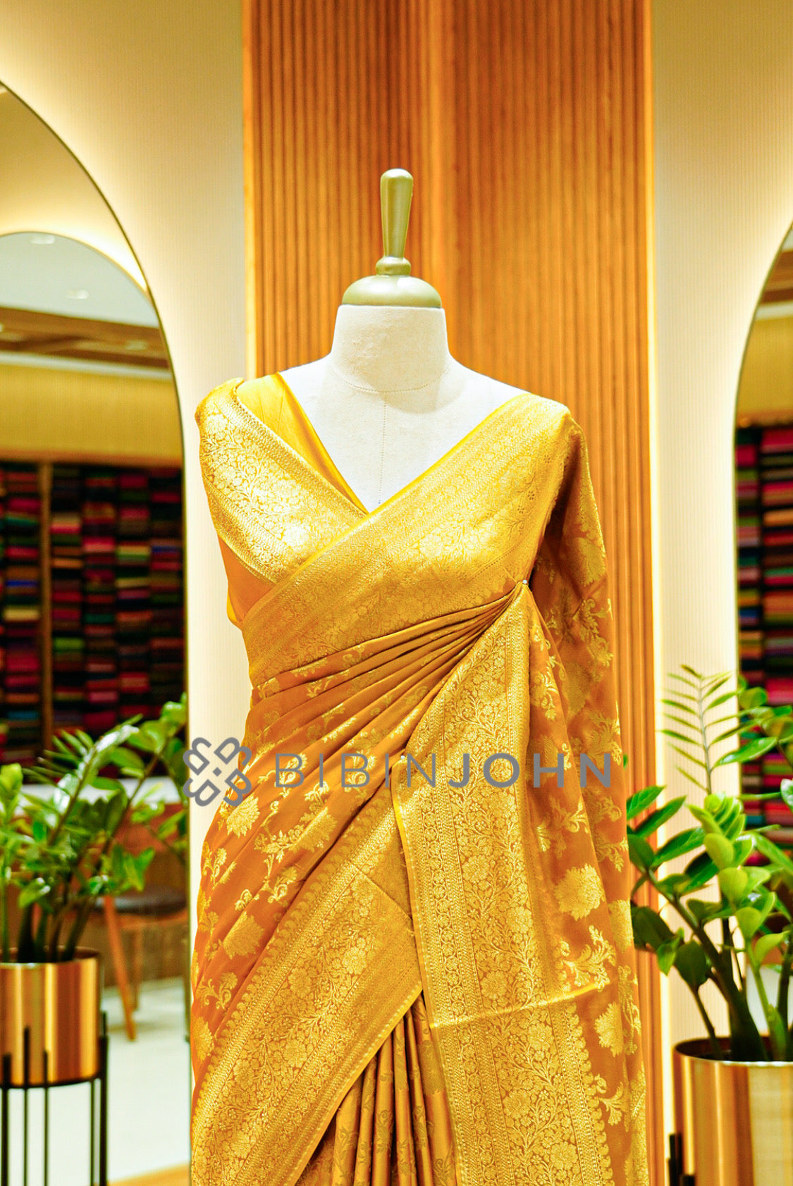Satin Brocade Saree For Women Mustard Gold CLOSE VIEW
