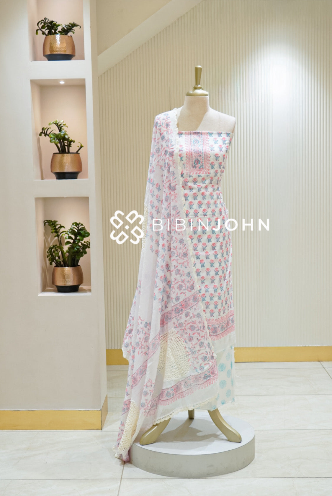 Printed Cotton Unstitched Salwar Suit Material Off White With Baby Pink BJ2815