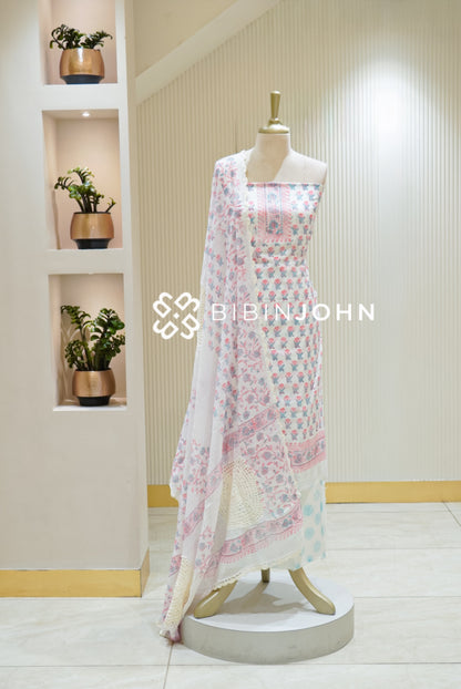 Printed Cotton Unstitched Salwar Suit Material Off White With Baby Pink BJ2815