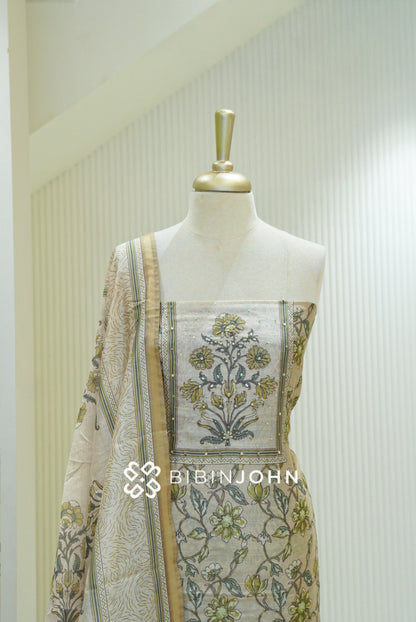 Semi Silk Embroidery Unstitched Salwar Suit Material Ivory Beige BJ2366