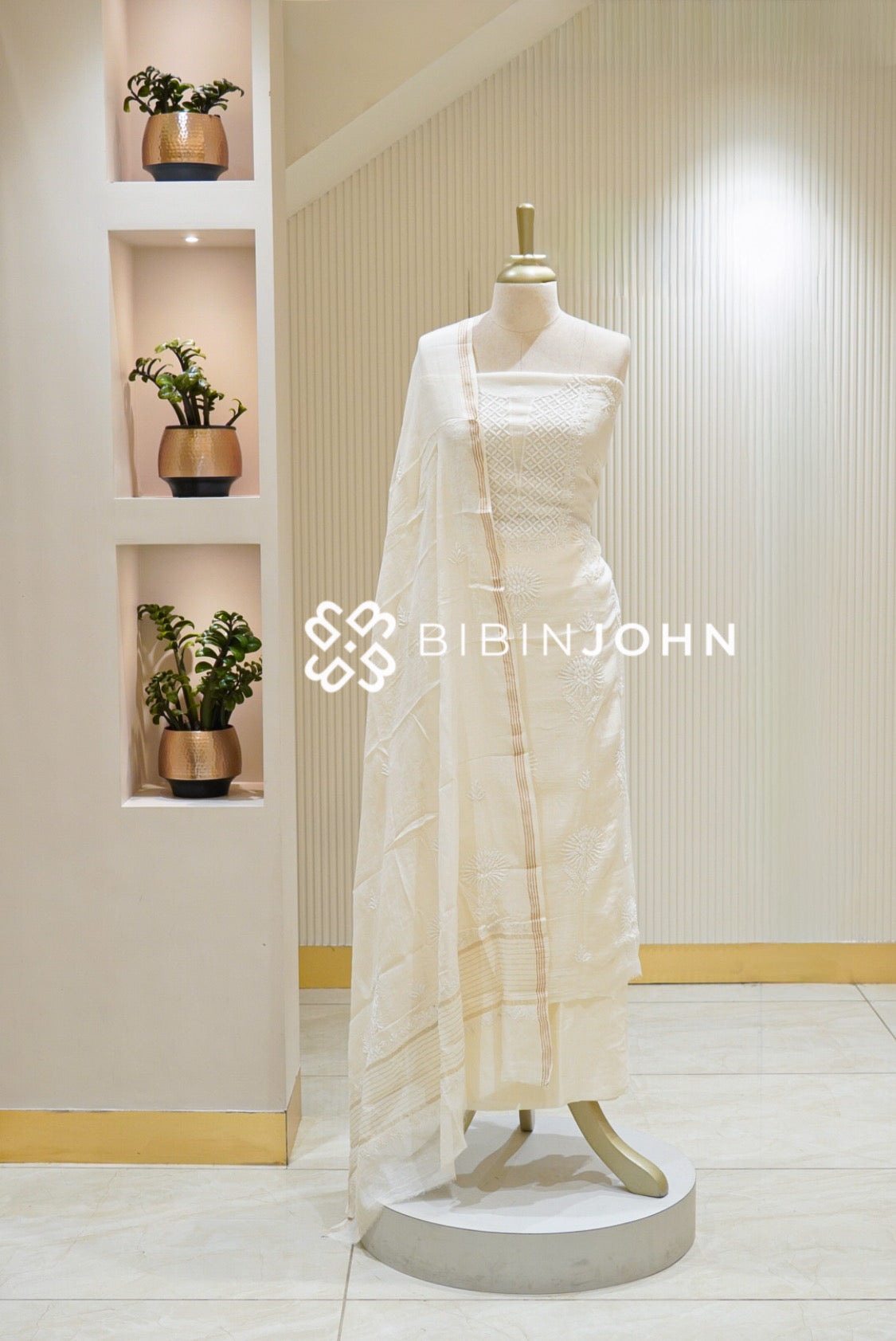 Chanderi Chikankari Unstitched Salwar Suit Material Ivory White BJ2827