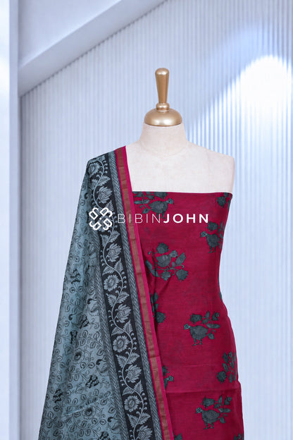 Printed Chanderi Unstitched Salwar Suit Material Deep Magenta Pink BJ2080