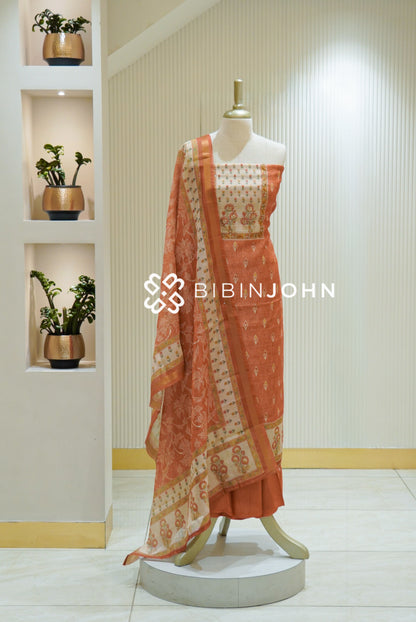 Semi Silk Embroidery Unstitched Salwar Suit Material Peach Orange With Ivory BJ2471