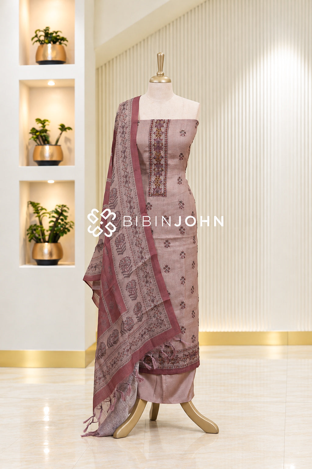 Art Linen Embroidery Unstitched Salwar Suit Material Dusty Mauve Pink BJ1914