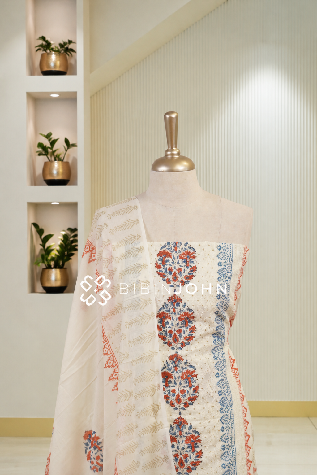 Cotton Hakoba Unstitched Salwar Suit Material Off White BJ1788