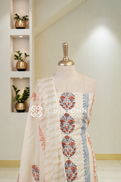 Cotton Hakoba Unstitched Salwar Suit Material Off White BJ1788
