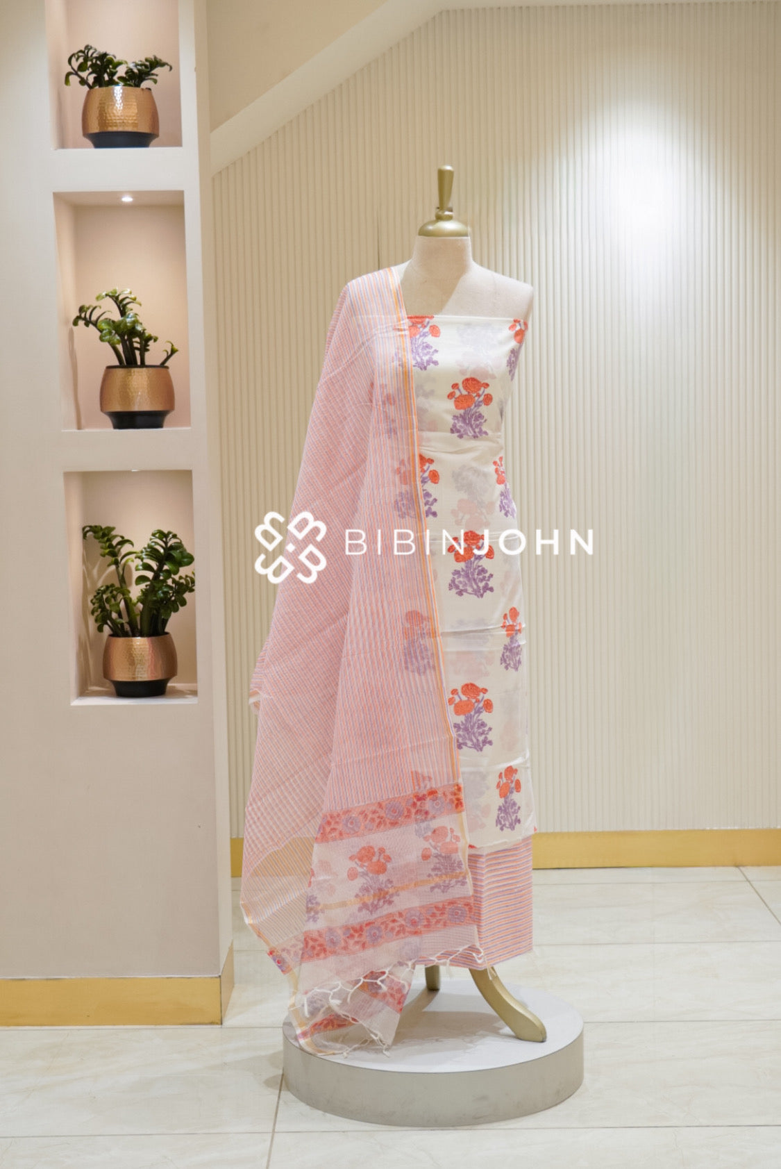 Printed Cotton Unstitched Salwar Suit Material Off White BJ2822