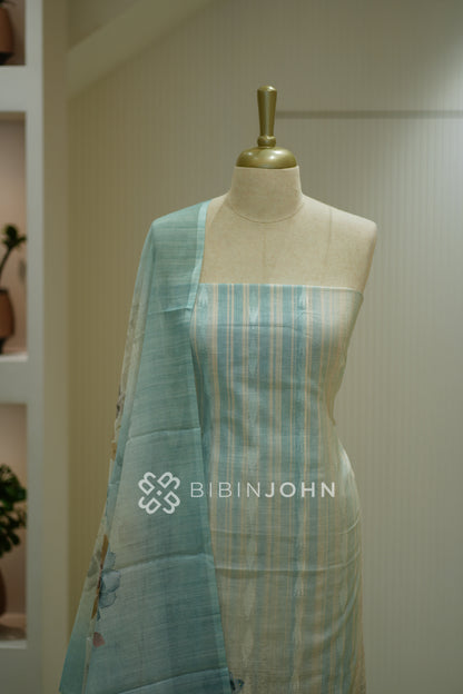 Printed Art Linen Unstitched Salwar Suit Material Pastel Aqua Blue BJ2377