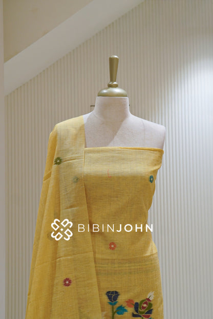 Chanderi Embroidery Weaving Unstitched Salwar Suit Material Pastel Yellow BJ2608
